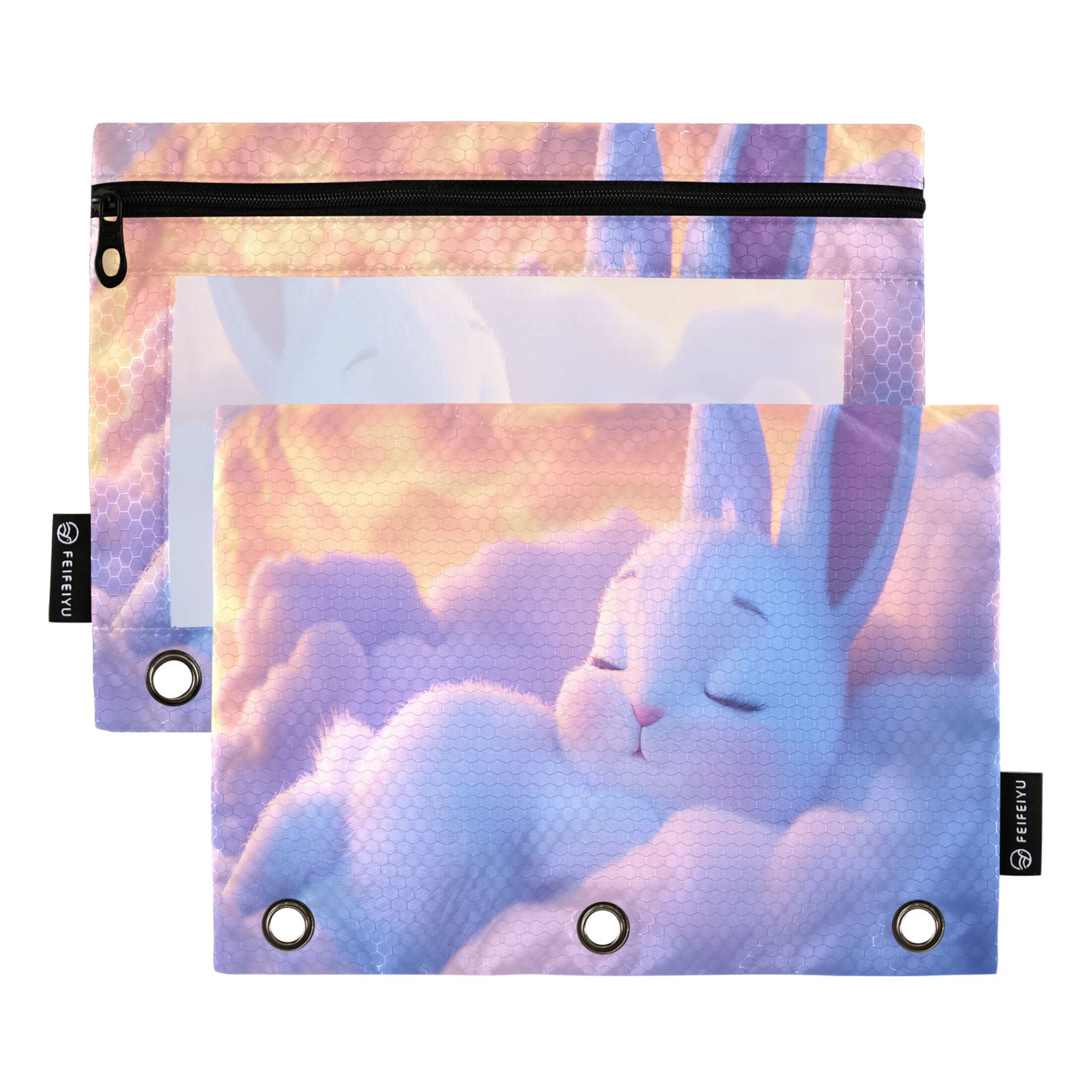 Cute White Rabbit Sleep on Clouds 2 Pack Pencil Pouch for 3 Ring Binder ...