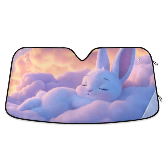 Cute White Rabbit Sleep on Clouds Car Windshield Sun Shade Foldable Car Front Window Visor Heat and UV Protection 53x23.5