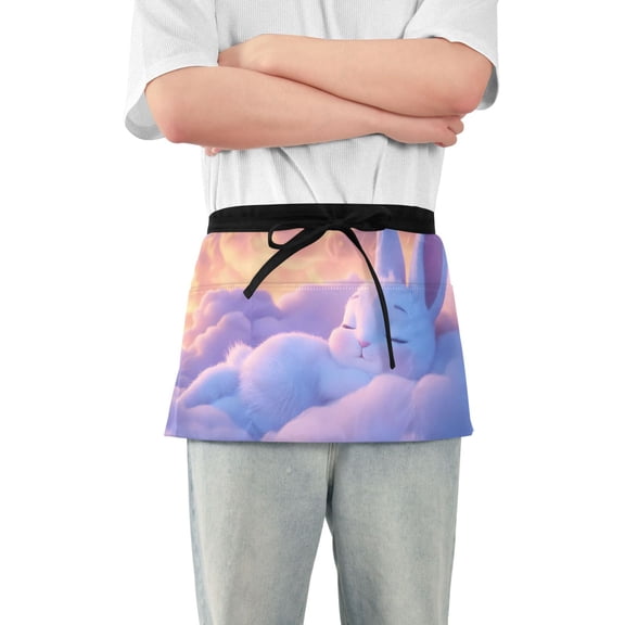 Cute White Rabbit Sleep on Clouds Server Apron with 3 Pockets Waterproof Waitress Waist Short Apron for Man Woman 12 Inches