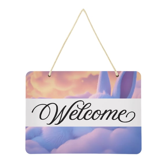 Cute White Rabbit Sleep on Clouds Welcome Sign Front Door PVC 14x10 inch Hanger Hello Sign Farmhouse Wall Porch Home Outside Decor