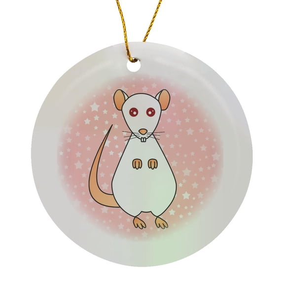 3drose, Cute White Red Eyes Rat Pink Star Background, Circle Porcelain Ornament