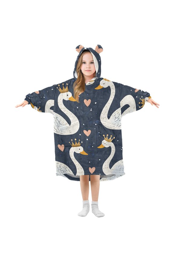 Cute White Swans with Crowns Hearts Valentine Flannel Wearable Blankets Hooded Design Long Sleeves Wrap Unisex for 3T-14Y L