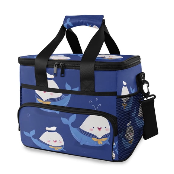 Cute White Whales in Mariner Outfit Portable Cooler Lunch Box Reusable Insulated Lunch Bag Leakproof 15L