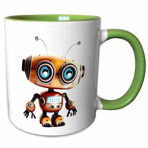 3drose, Cute Wide-eyed Robot Illustration, 15oz Two-tone Green Mug