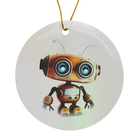 3drose, Cute Wide-eyed Robot Illustration, Circle Porcelain Ornament