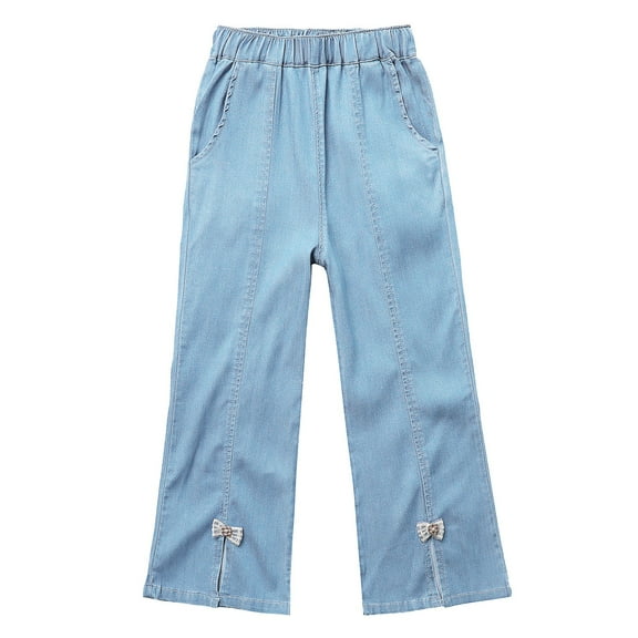 Cute Wide Leg Jeans Pants for Girls Denim Bell Bottom Pants with Bows Split Elastic Waist Pull On School Uniform Jeans