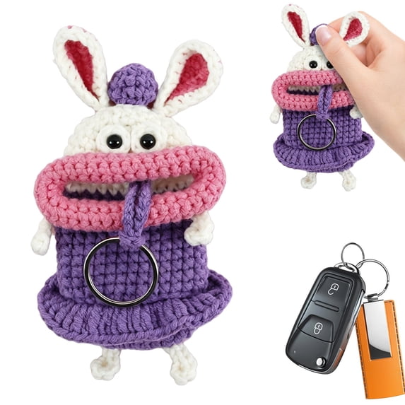 Cute Wide‑Mouth Knitted Key Cover Keychain, Hand Crocheted Big Mouth Car Key Protector Case with Key Ring, DIY Key Charm for Women Men Kids