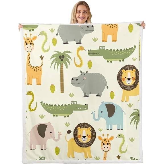 Cute Wild Animals Fleece Throw Blanket for Girls & Boys - Cartoon Lion, Giraffe, Crocodile - Plush Sherpa Blanket - Twin 60x80 Inch