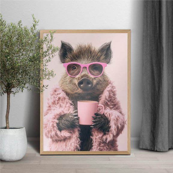 Cute Wild Boar Pink Wall Art, Pink Bathroom Home Decor, Boar In Pink Robe Print, Preppy Wall Art, Pink Aesthetic Print Wall Art, Modern Wall Decor, 8x12 UNFRAMED