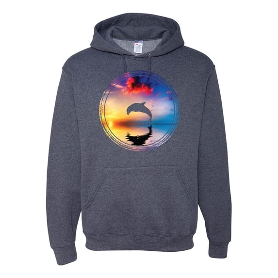 Cute Wild Dolphin Sunset Lake Fashion Graphic Hoodie Sweatshirt, Vintage Heather Navy, X-Large