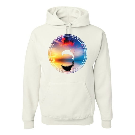 Cute Wild Dolphin Sunset Lake Fashion Graphic Hoodie Sweatshirt, White, X-Large
