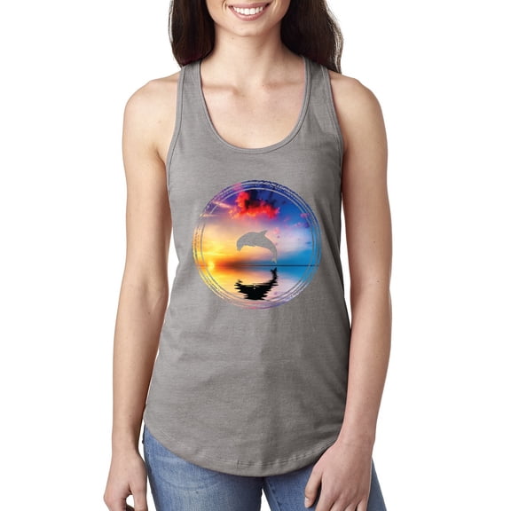Cute Wild Dolphin Sunset Lake Fashion Ladies Racerback Tank Top, Heather Grey, X-Large