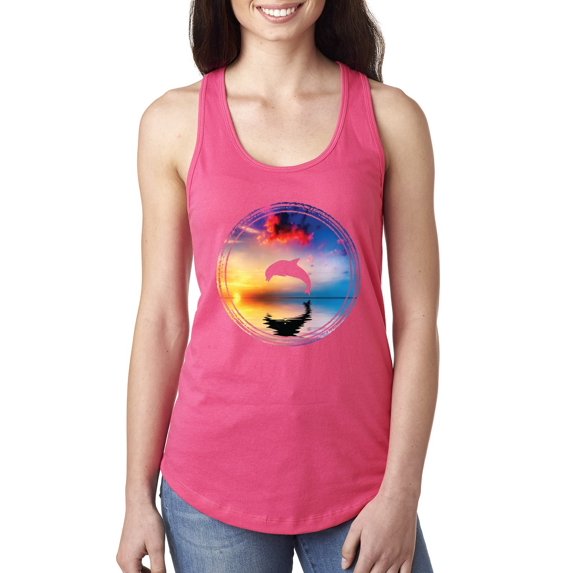 Cute Wild Dolphin Sunset Lake Fashion Ladies Racerback Tank Top, Hot Pink, Large