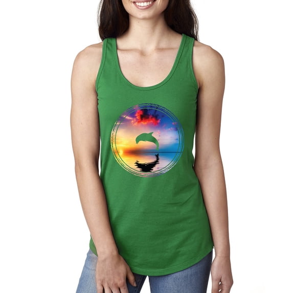 Cute Wild Dolphin Sunset Lake Fashion Ladies Racerback Tank Top, Kelly, Small
