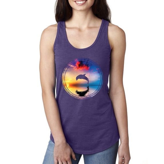 Cute Wild Dolphin Sunset Lake Fashion Ladies Racerback Tank Top, Purple Rush, Small