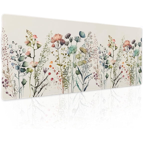 Cute Wild Flowers Mouse Pad XL Boho Aesthetic Floral Chic Plant Extended Table Mat 80X30cm Non-Slip Rubber Base Stitched Edge Large Mousepad for Desk Gaming Laptop Desk Top,31.5×11.8 Inch