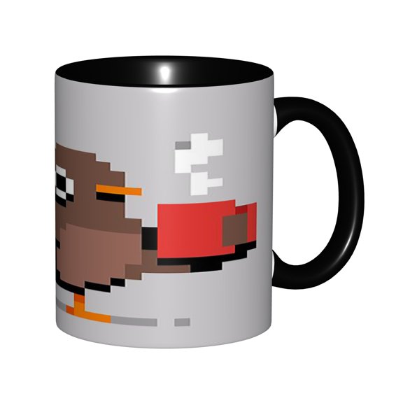 Cute Winking Pixel Bird Holding Red Coffee Mug 11oz, Funny Retro 8-Bit Animal Graphic, Microwave & Dishwasher Safe Novelty Gift for Coffee Lovers