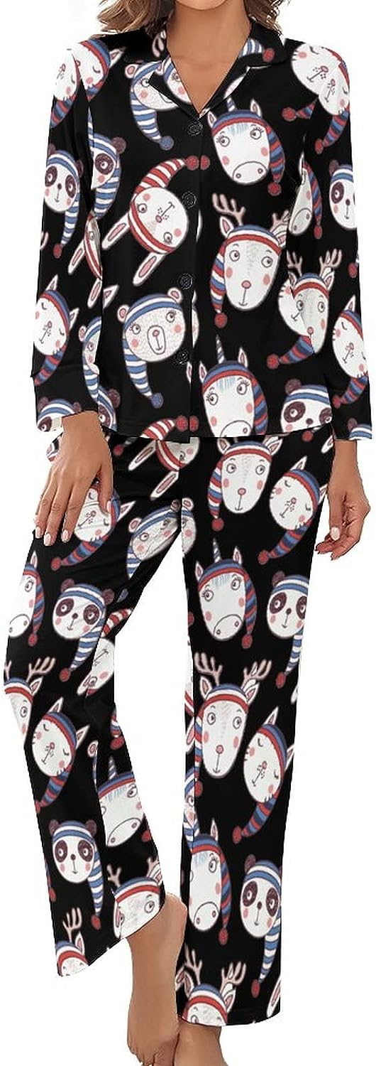 Cute Winter Animals Women's Pajamas Set Button Down Sleepwear PJ Set ...