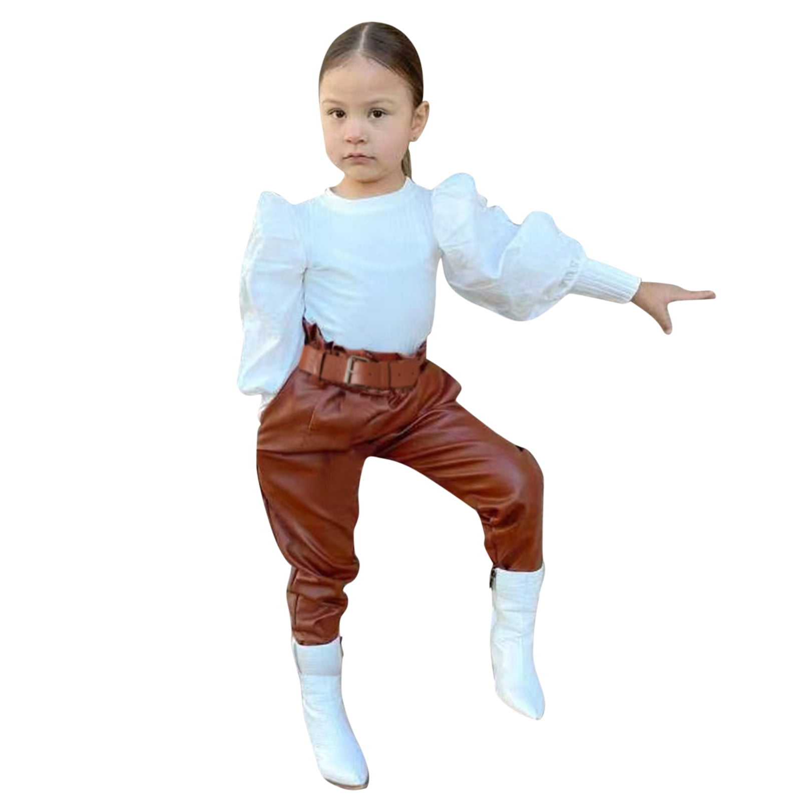 Cute Winter Clothes for Teen Girls Baby Girls Outfit Set Toddler Kids Baby  Girls Puff Sleeve Ribbed T Shirt Tops PU Leather Long Pants With Belt 2PCS