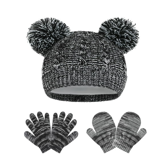 Cute Winter Hat & Glove Sets for Boys Girls Size 1-5 Toddlers Fleece Lined Thermal Warm Pom-Pom Beanies Hats Gloves and Mittens 3 Piece Set