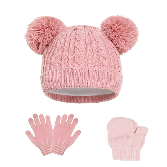 Cute Winter Hat & Glove Sets for Boys Girls Size 1-5 Toddlers Fleece Lined Thermal Warm Pom-Pom Beanies Hats Gloves and Mittens 3 Piece Set