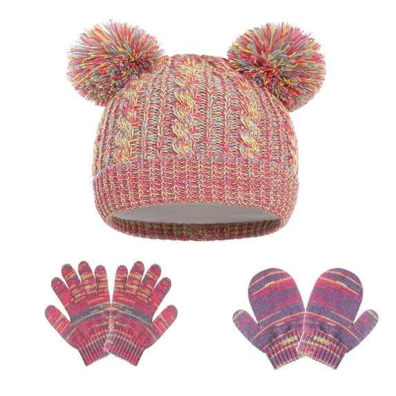 Cute Winter Hat & Glove Sets for Boys Girls Size 1-5 Toddlers Fleece Lined Thermal Warm Pom-Pom Beanies Hats Gloves and Mittens 3 Piece Set