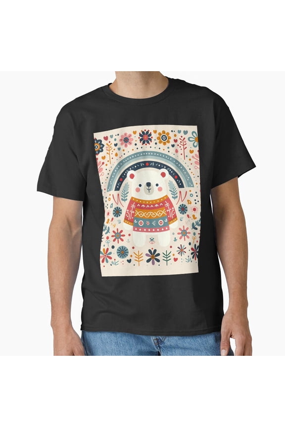 Cute Winter Holiday Polar Bear Scandinavian Folk Art Unisex T-Shirt up to size 5XL