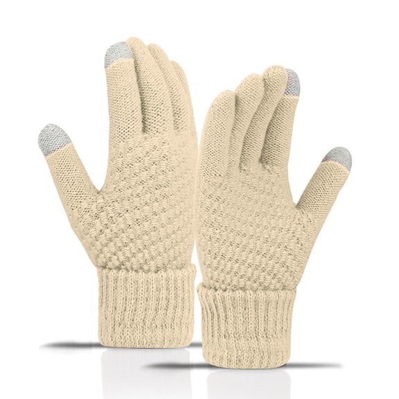 Cute Winter Knit Gloves, Cold Proof Touchscreen Riding Gloves, Thermal Cycling Gloves for Women, Soft Ribbed Knit Texting Gloves, Windproof Bicycle Commute Gloves Beige