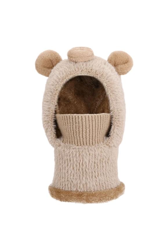 Cute Winter Outdoor Fleece-Lined Plush Knitted Hat Face Mask & Neck Warmer Integrated Soft Warm Ear-Protected Elastic Fit Cold-Shield Breathable Trendy Non-Irritating Fabric 4-14 Years