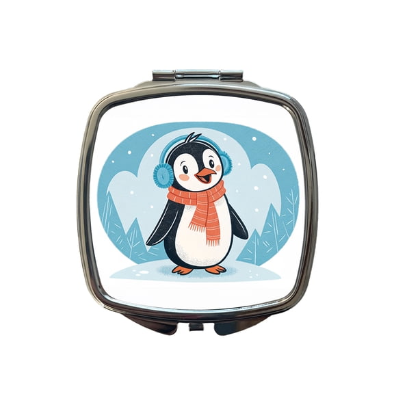 Cute Winter Penguin Scarf Travel Makeup Handbag Purse Small Pocket Compact Mirror