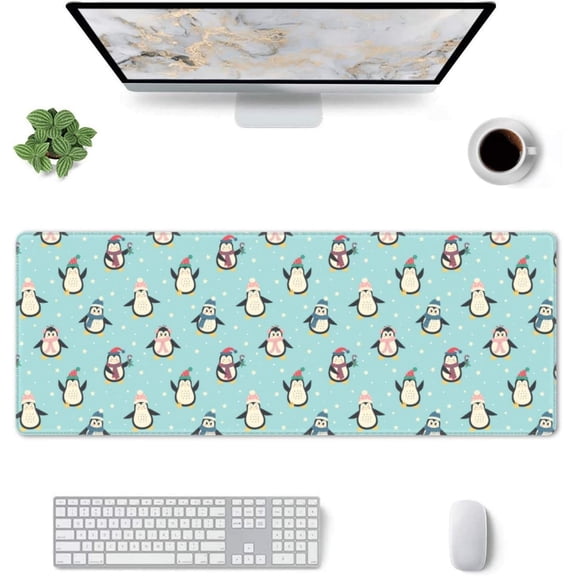 Cute Winter Penguins Gaming Mouse Pad Penguins Large Mouse Pad (31.5x11.8 Inch) Non-Slip Rubber Base Large Desk Mat Desk Protector for Home Office Gaming Work