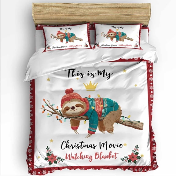 Cute Winter Sloths Animal King Size Comforter Set, This Is My Christmas Snowflakes Soft Bedding for All Seasons, 4 Pcs Bed Set with 1Comforter (90"x106") ,1 Sheet(94"x116"), 2 Pillowcases (19"x35")