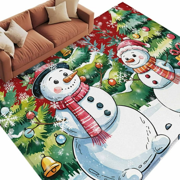 Cute Winter Snowman Area Rug 5x7ft Green Christmas Tree Snowflake Gift ...