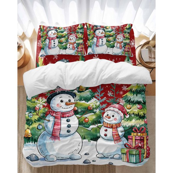 Cute Winter Snowman Bedding Duvet Cover Set Full Size 4 Pieces Green Christmas Tree Snowflake Gift Red Bedding Set with Zipper Closure, 1 Comforter Cover 86x86 Inches 1 Flat Sheet & 2 Pillow Cases