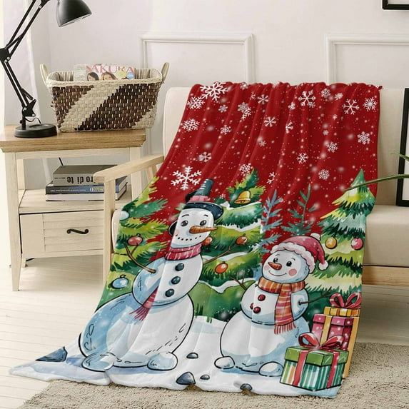 Cute Winter Snowman Throw Flannel Blanket 40x60In Green Christmas Tree Snowflake Gift Red Super Soft Cozy Bed Blanket, Lightweight Plush Fuzzy Bed Throw for Bedroom Sofa Couch Living Room
