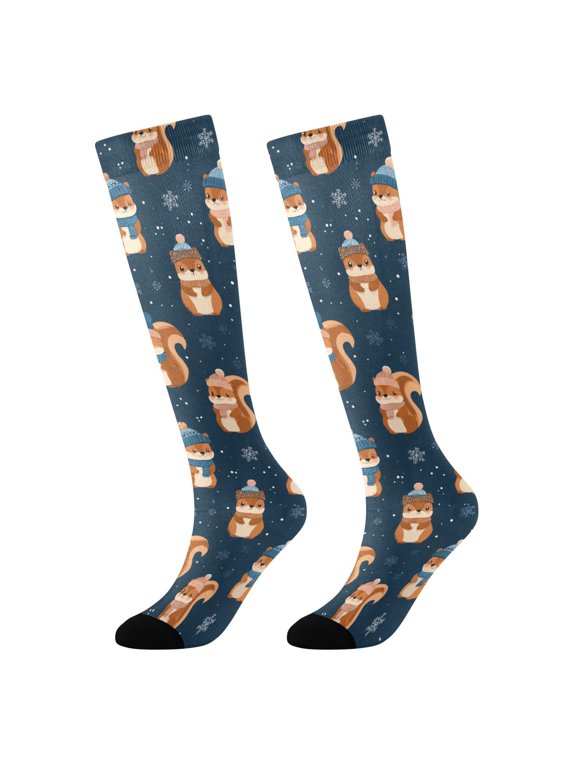 Cute Winter Squirrel Novelty Patterned Knee High Socks Breathable Stretchy Soft Tall Boot Socks