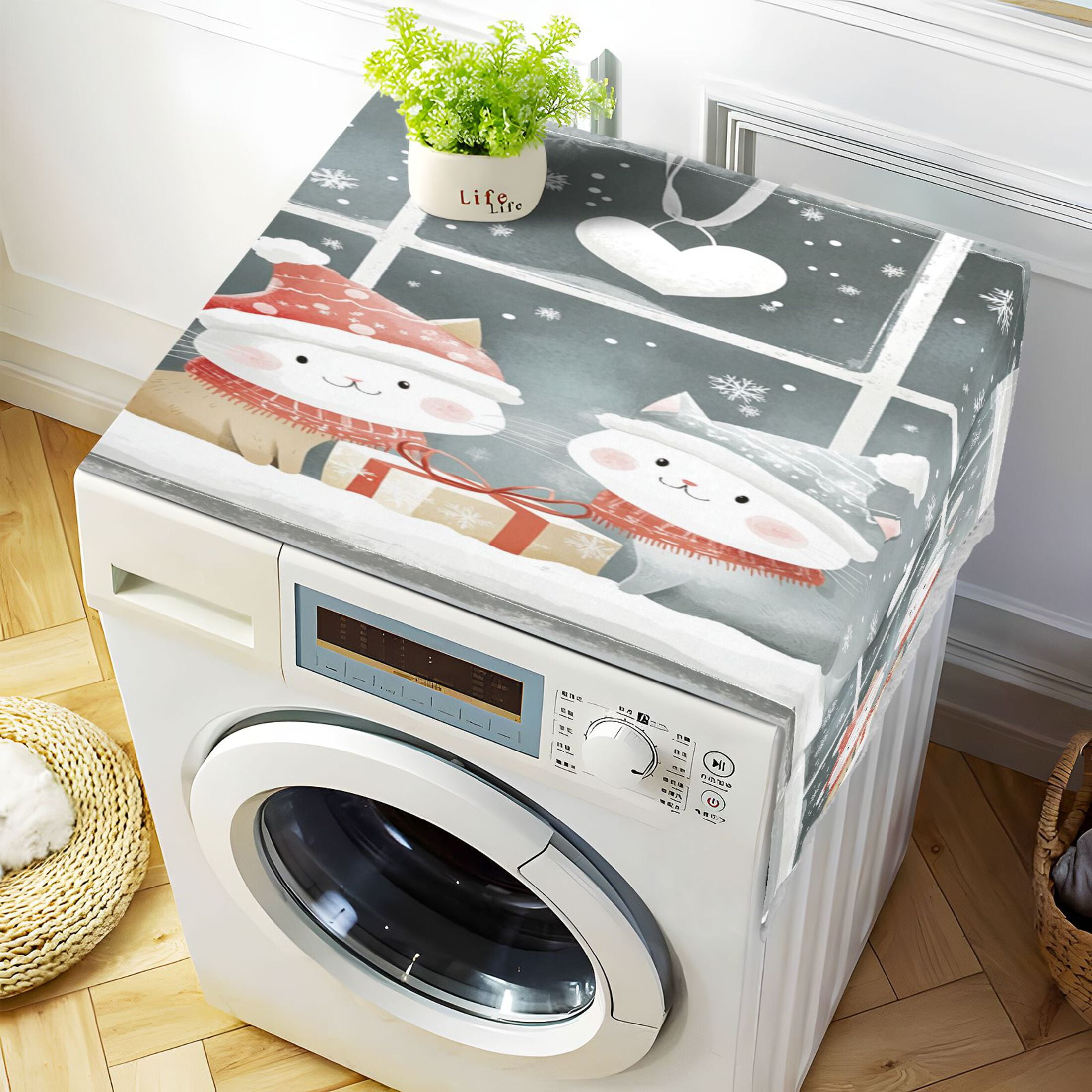 Cute Winter Window SceneWasher and Dryer Covers Dust-Proof and Oil Resistant Fridge Cover with 4 Storage Pockets Washing Machine Top Cover for Laundry Kitchen Home 51.2 x 22 In