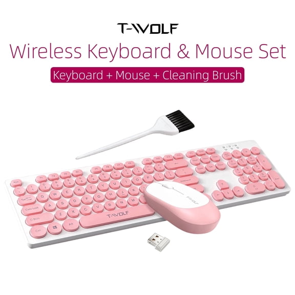 Cute Wireless Keyboard and Mouse Combo with Cleaning Brush, 104-Key Retro Round Keycap Keyboard, Silent Mouse, Aesthetic Desk Setup for Women, Students & Office - Pink