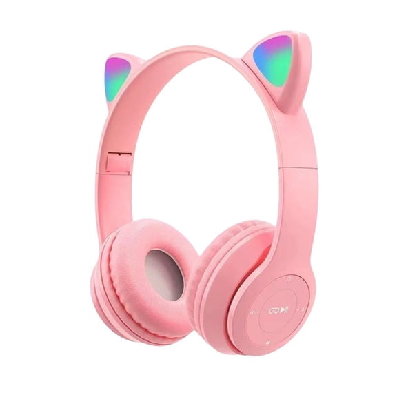 Pink Cat Ear LED Bluetooth Headphones, Cute Wireless Over Ear Gaming Headset, Luminous Foldable Earphone for Kids and Students