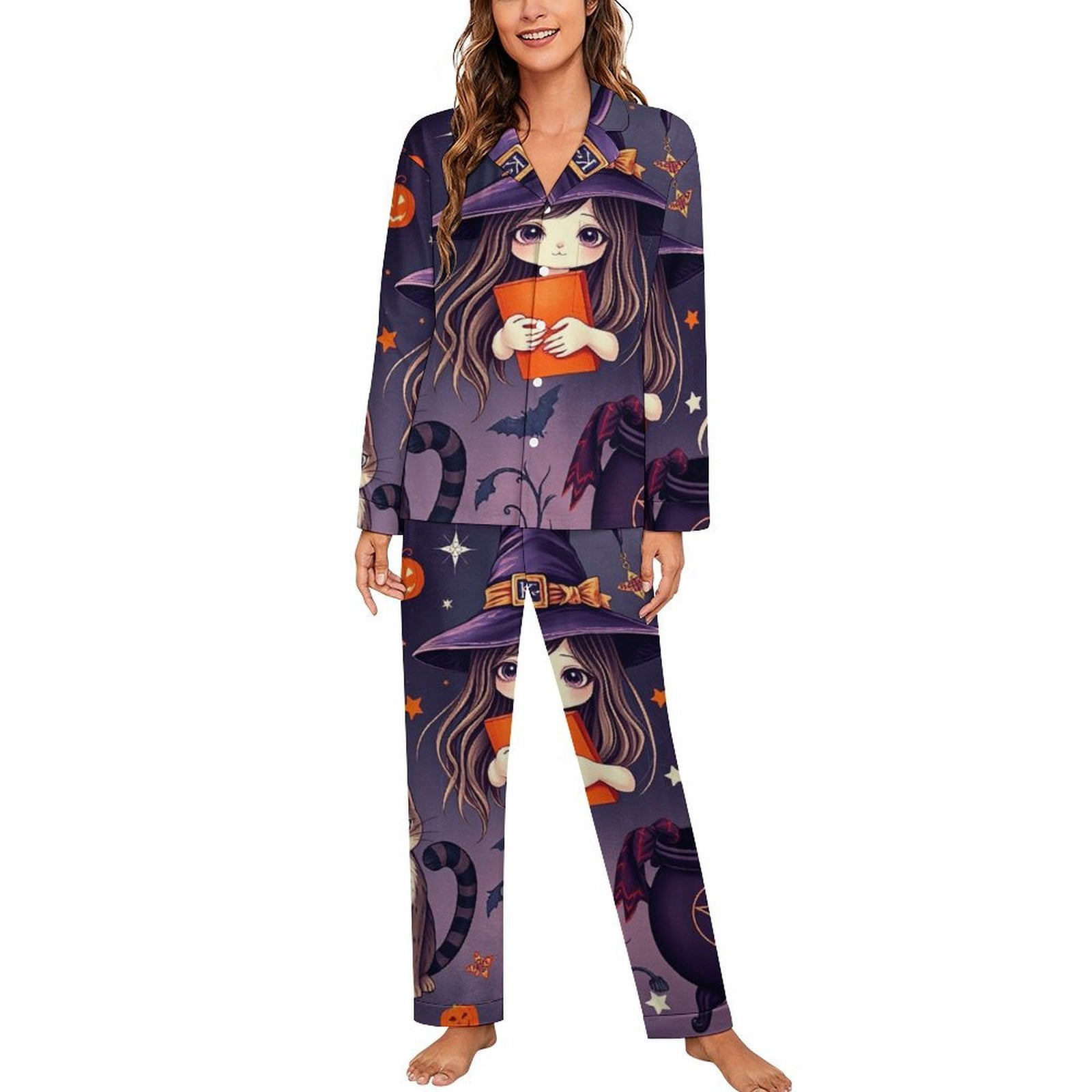 Cute Witch Cats Halloween Magic Pajamas Night V Neck Nightwear Lady Two ...