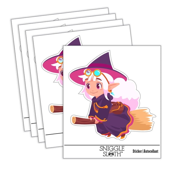 Cute Witch Floating on Broom Car Window Bumper Water Bottle Phone Tablet Laptop Waterproof Vinyl Decal Sticker Set 5-Pack - Gloss Finish - 5.0"