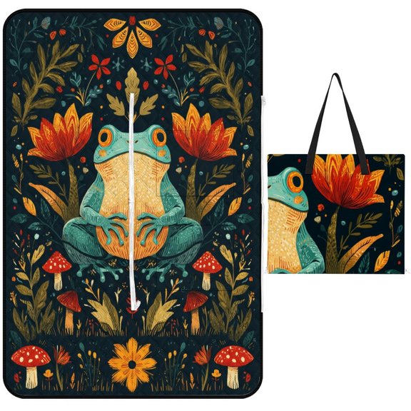 Cute Witch Frog Picnic Blanket Waterproof Outdoor Beach Blanket Hand-held Pad Suitable for Travel, Camping, Beach, Family Gatherings