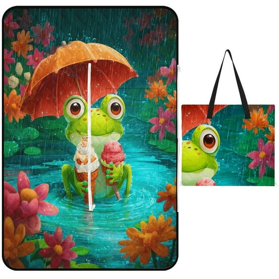 Cute Witch Frog Picnic Blanket Waterproof Outdoor Beach Blanket Hand-held Pad Suitable for Travel, Camping, Beach, Family Gatherings