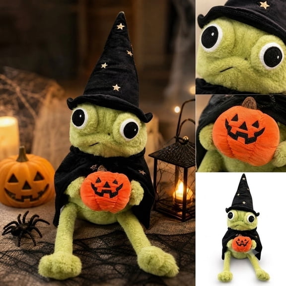 Cute Witch Frog Plush with Pumpkin, Soft Green Froggy Stuffed Toy for Halloween Party Favors & Basket Fillers