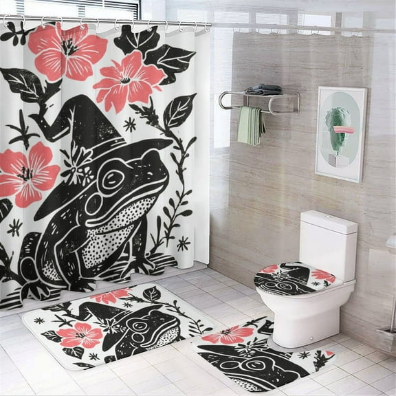 Cute Witch Frog Shower Curtain Sets with Non-Slip Rug, Toilet Lid Cover And Bath Mat，Shower Curtain Sets with 12 Hooks, Shower Curtain for Bathroom Set Decor