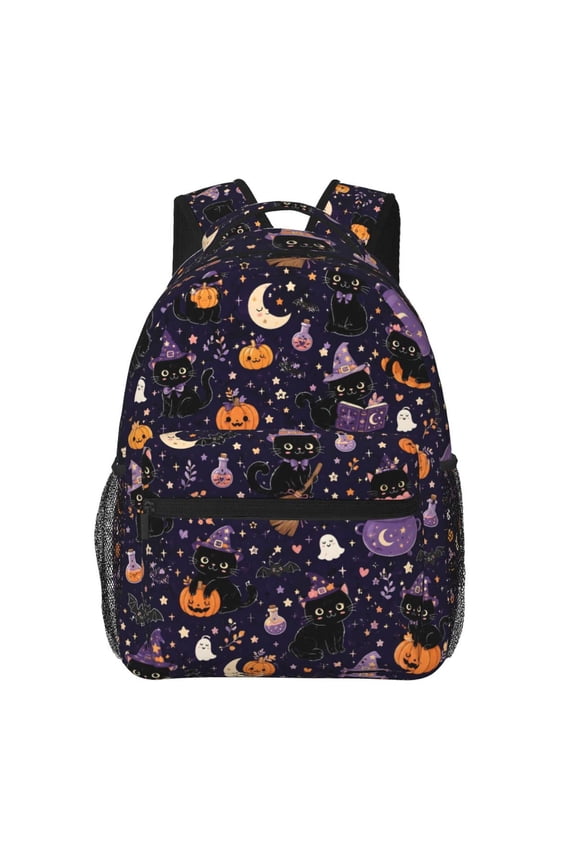 Cute Witch Pumpkin Halloween Cat Backpack Lightweight Travel Bag for Men and Women