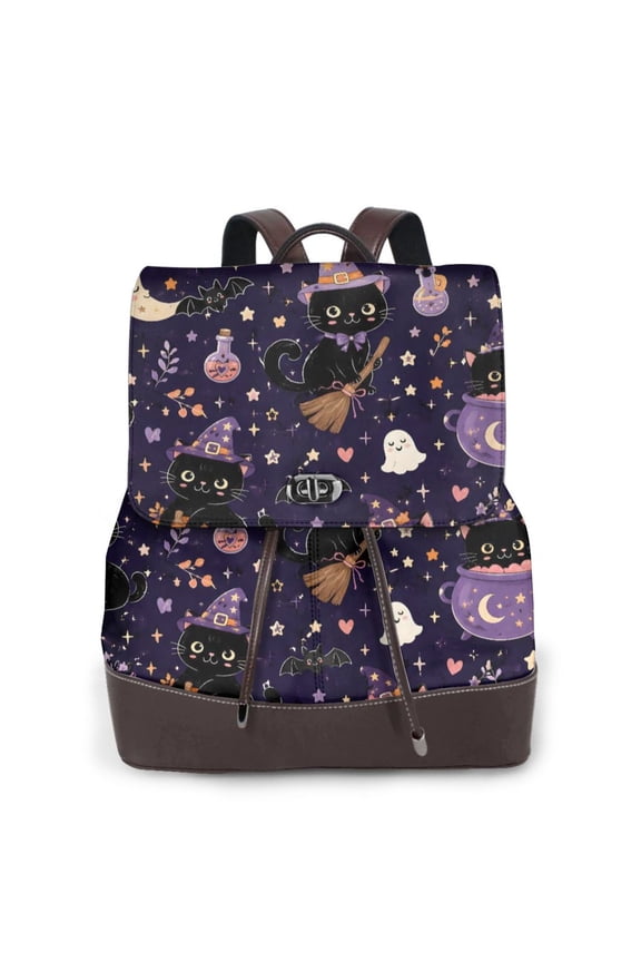 Cute Witch Pumpkin Halloween Cat Women's Leather Backpack All-Over Print Bag for Work and Travel