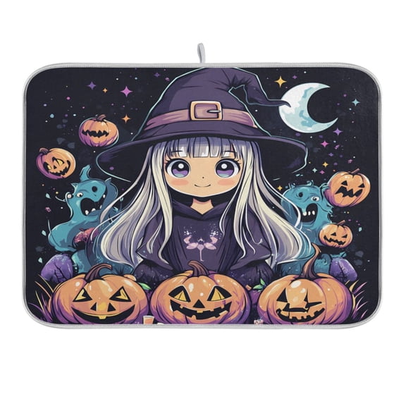 Cute Witch Pumpkins Moon Dish Drying Mat 16x18 Absorbent Microfiber Draining Rack Pad for Kitchen Counter Sink