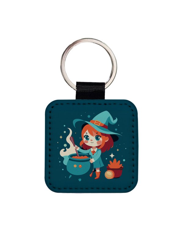 Cute Witch Stirring Cauldron Halloween Faux Leather Square Keychain