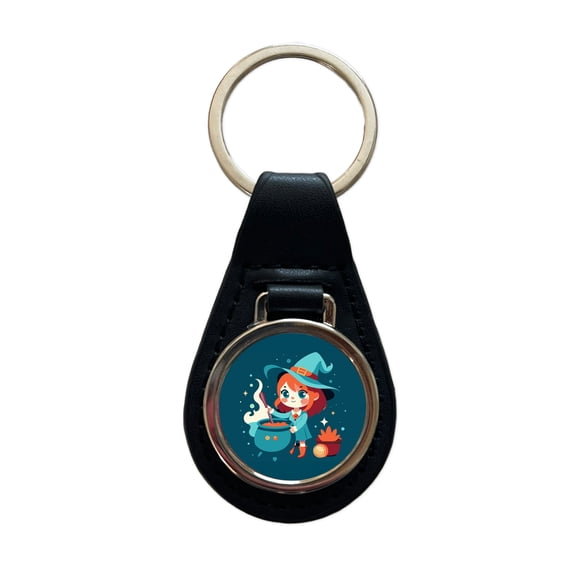 Cute Witch Stirring Cauldron Halloween Metal Black Leather Keychain